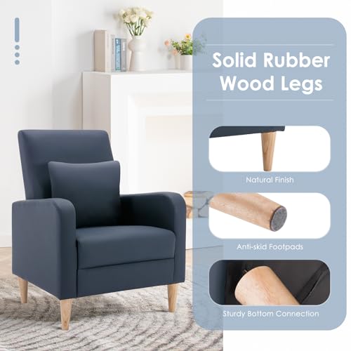 COLAMY Mid-Century Modern Accent Chairs Set of 2, Faux Leather Upholstered Living Room Chairs with Back Pillow & Solid Wood Legs, Comfy Armchair for Living Room, Bedroom, Single Sofa, Dark Blue - color: Dark Blue, size: Set of 2