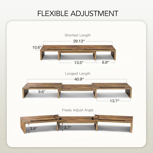 AMERIERGO Dual Monitor Stand Riser- 3 Shelf Screen Stand with Adjustable Length and Angle, 2 Extra Functional Slot Desktop Organizer Stand for PC, Computer, Laptop (Rustic Brown) - color: Rustic Brown