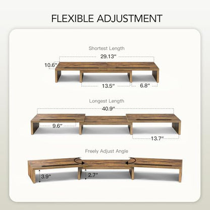 AMERIERGO Dual Monitor Stand Riser- 3 Shelf Screen Stand with Adjustable Length and Angle, 2 Extra Functional Slot Desktop Organizer Stand for PC, Computer, Laptop (Rustic Brown) - color: Rustic Brown