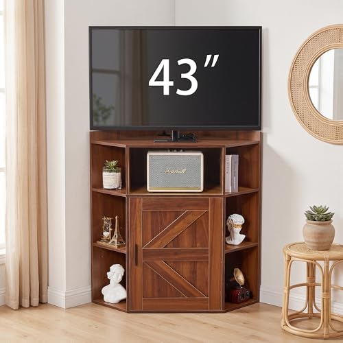 VECELO Corner Storage Cabinet with Charging Station, 34" Shelf with Door & Adjustable Shelves, Organizer for Living Room, Office & Gaming Setup, Fits Monitors up to 43" TV, Brown - color: Brown