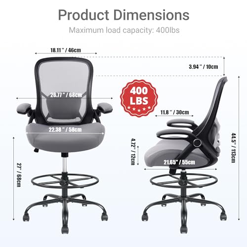 HYLONE 400lbs Heavy Duty Drafting Chair 5" Thickened Seat Office Chair with Flip-Up Armrests Tall Ergonomic Computer Chair with Lumbar Support and Adjustable Footrest Ring Standing Desk Chair(Grey) - color: Dark Drey
