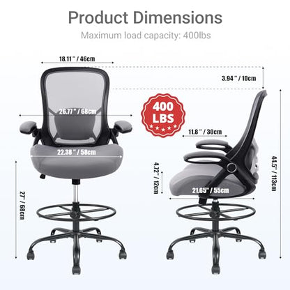 HYLONE 400lbs Heavy Duty Drafting Chair 5" Thickened Seat Office Chair with Flip-Up Armrests Tall Ergonomic Computer Chair with Lumbar Support and Adjustable Footrest Ring Standing Desk Chair(Grey) - color: Dark Drey