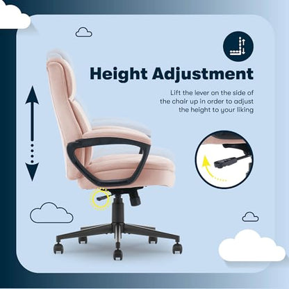 Serta Executive Office Chair with Lumbar Support, Fixed Arms Leather Chair - color: Pink Velvet Fabric