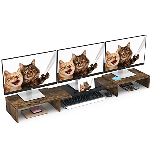 WESTREE Triple Dual Monitor Stand Riser, Extra Long Monitor Stand for 1~2~3 Monitors, Monitor Stand with Length and Angle Adjustable, 3 Shelf Desktop Storage Riser for Monitor Computer Screen Laptop - color: brown