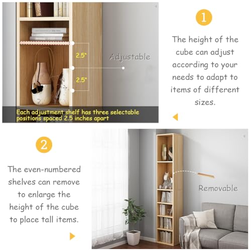 IOTXY Small Narrow Corner Bookcase - 47 Inches Tall Gap Freestanding Storage Cabinet, 5 Lattices Open Shelves Tower Rack, Cubes Bookshelf in Oak | Modern Minimalist Style, MDF Material, Adjustable Shelves, 5 Cubes Open Bookshelf, Floor Tower Rack, Space-S