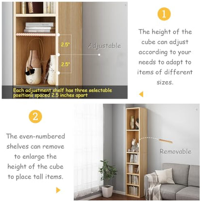 IOTXY Small Narrow Corner Bookcase - 47 Inches Tall Gap Freestanding Storage Cabinet, 5 Lattices Open Shelves Tower Rack, Cubes Bookshelf in Oak | Modern Minimalist Style, MDF Material, Adjustable Shelves, 5 Cubes Open Bookshelf, Floor Tower Rack, Space-S