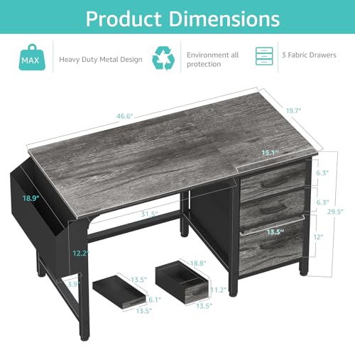 Lufeiya Computer Desk with File Drawers Cabinet, 47 Inch Home Office Desks with Filing Cabinet for Small Space, Gaming Study Writing Table PC Desks, Gray - color: Grey, size: 46.6"
