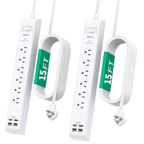 2 Pack Extension Cord 15FT, Power Strip Surge Protector with 6 Outlets and 4 USB Ports (2 USB C), Flat Plug Overload Protection, Extension Cord with Multiple Outlets, Wall Mount for Home Dorm College - size: 15FT, style: Flat Extension Cord & Thin Flat Pl