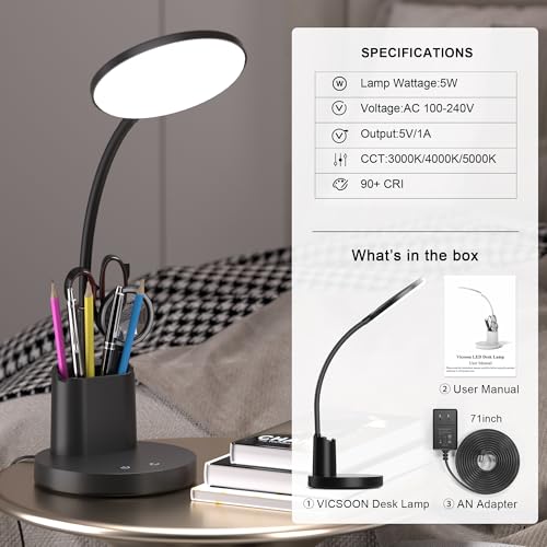 LED Desk Lamp for College Dorm with Pen Phone Holder, Black - color: Black