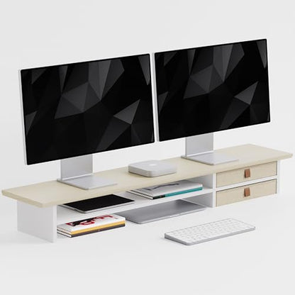FENSULN Dual‑Tier Monitor Stand Riser with Drawers, Desktop Organizer Shelf Storage for Computer Screen 2 Monitors, Supports for PC Computer Monitor, Printer, Heavy TV Riser Beige and White