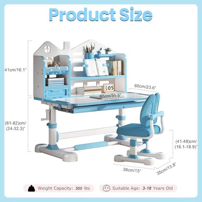 Kids Desk and Chair Set- 3-12 Height Adjustable Ergonomic Art Desk | School Study Desk, 50° Tiltable Desktop, Easy-Turn Crank, Storage Drawer & Built-in Bookstand for Children Boys & Girls - color: 015-blue-31.5in