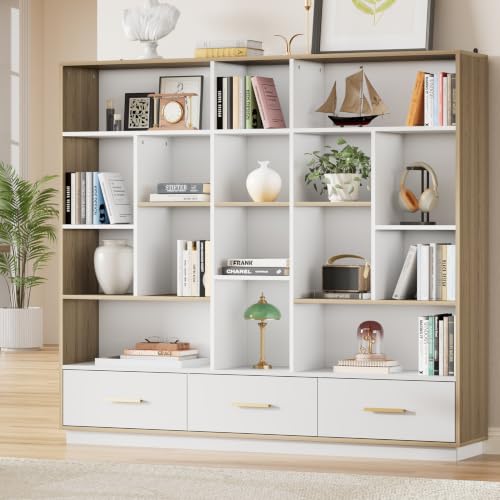 ModernMate 60" Wide Bookshelf with 3 Drawers & 16 Open Display Storage - color: White Walnut