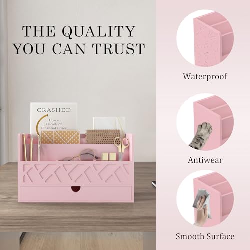Wisuce Bamboo Mail Organizer with Drawer, Countertop Desk Organizer (Pink) | Made from Natural Bamboo Multi-Compartment Design Built-In Drawer No Assembly Required - color: Pink