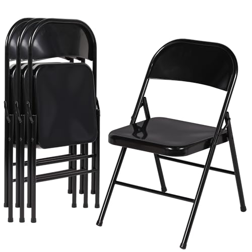 VECELO Metal Folding Chairs 4 Pack, Double Hinged Steel Frame Easy Foldable&Stackable for Office Kitchen Dinning Wedding Patio and Garden - color: Black