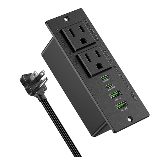Recessed Power Strip 45W USB C,Furniture Flush Mount,Black,6FT | Desk Recessed Outlet,Space-Saver for Furniture Side Table,2 USB-C &2 USB-A Ports,2 AC Outlets,6ft Cord,Ultra Thin Flat Plug - color: Black, size: 45W USB-C Ports