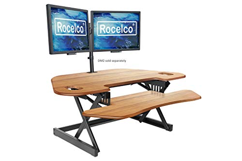 Rocelco 46" Large Height Adjustable Corner Standing Desk Converter - Quick Sit Stand Up Dual Monitor Riser - Gas Spring Assist Computer Workstation - Wide Keyboard Tray - Teak Wood Grain (R CADRT-46) - color: Teak/Black, style: Riser Only