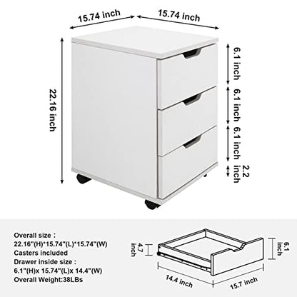 Farini 3-Drawer Vertical Filing Cabinet Rolling Wood Mobile File Cabinets Under Desk for Home Office with Casters，White,Fully-Assembled - color: White, style: Fully-assembled