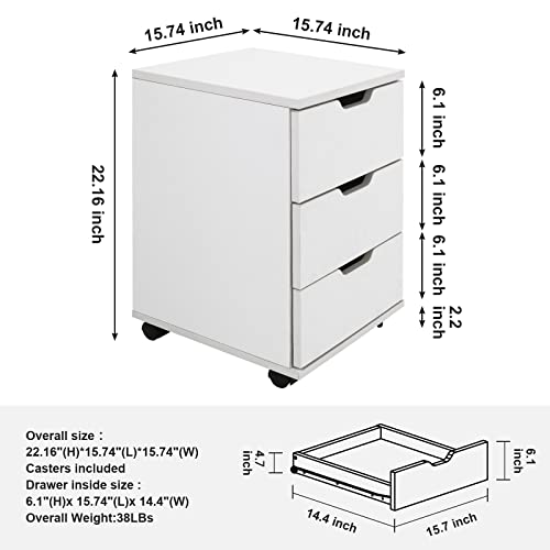 Farini 3-Drawer Vertical Filing Cabinet Rolling Wood Mobile File Cabinets Under Desk for Home Office with Casters，White,Fully-Assembled - color: White, style: Fully-assembled