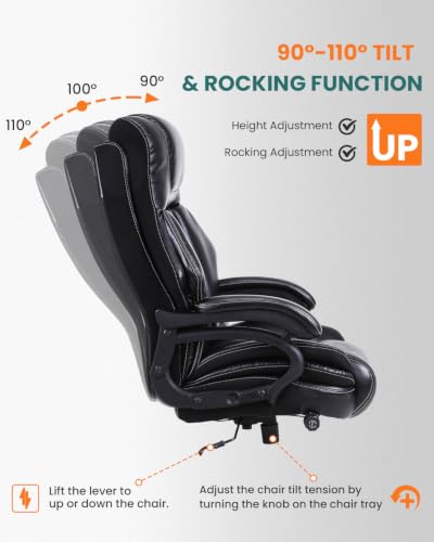 650lbs Large Big and Tall Office Chair for Heavy People with Adjustment Lumbar Support, Comfy Padded Heavy Duty Leather Executive Office Chair with Quiet Rubber for Adults 8 Hours Daliy Work
