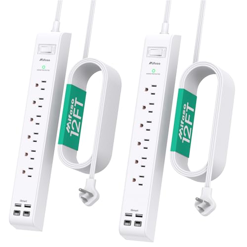 2 Pack Long Extension Cord, 12FT Power Strip Surge Protector with 6 Outlets and 4 USB Ports (2 USB C), Extension Cord with Multiple Outlets, Flat Plug Overload Protection, Wall Mount for Dorm College - size: 12FT, style: Flat Extension Cord & Thin Flat Pl
