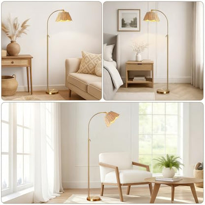 64'' Adjustable Arc Floor Lamp with Natural Rattan Woven Shade - color: Gold