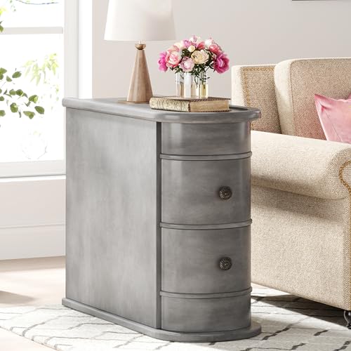 Wood End Table with 2 Drawers, No Assembly Required Narrow Sofa Side Table for Living Room, Vintage Slim Nightstand Bedside Table for Bedroom (2 Drawers, Grey, 1Pc) - color: Grey, size: 1Pc, style: 2 Drawers