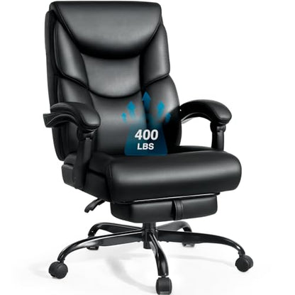 WAILOR 400lbs Office Chair with Foot Rest, Reclining Big and Tall Office Chair with Lumbar Support Spring Cushion, High Back PU Leather Computer Chair,Comfy Desk Chair for Home Office - color: Black