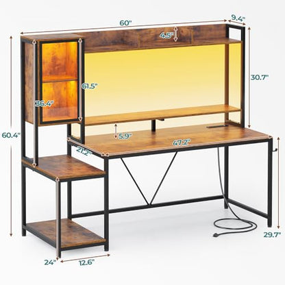SEDETA 60'' Gaming Desk with Storage, Hutch, Display Cabinet and LED Lights - color: Rustic Brown