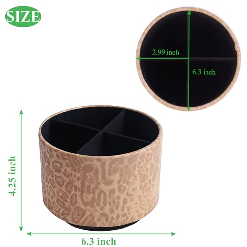 Round Leather Art Supply Organizer,Remote Control Holder,360 Degree Rotating,Multi-Functional Pencil Holder,4 Compartments Desktop Stationary Organizer(1-Leopard Brown) - color: 1-Leopard Brown