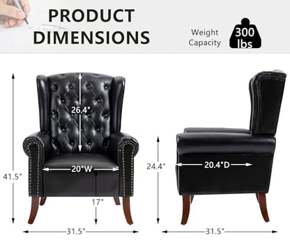 MOJAY PU Leather Accent Chair, Mid-Century Living Room Sofa Chair, Upholstered Arm Chair with Sturdy Wooden Legs, Faux Leather Club Chair for Bedroom Study Home Office Reception (Black) - color: Black, size: Set of 1