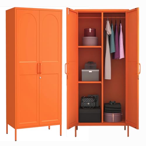 Metal Wardrobe with Lock, 67"Clothing Steel Storage Cabinet Locker, Hanging Rod And Adjustable Shelves, Orange 2 Doors Household kids wardrobe closet Lockers for Bedroom Cloak Room Home Office Gym - color: Orange, style: 67"H-Wardrobe-DY