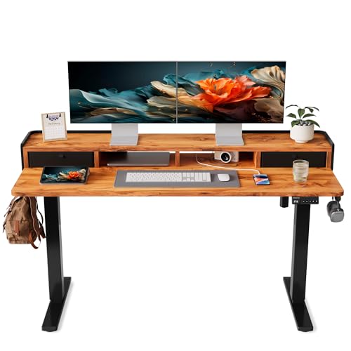 YIHAYO Electric Standing Desk with Drawers, 60 x 24 Inches Adjustable Desk with Storage Shelf, Computer Table with Splice Board for Home Office, Black Frame/Rustic Brown Top - color: Black Frame/Rustic Brown Top, size: 60*24 Inch