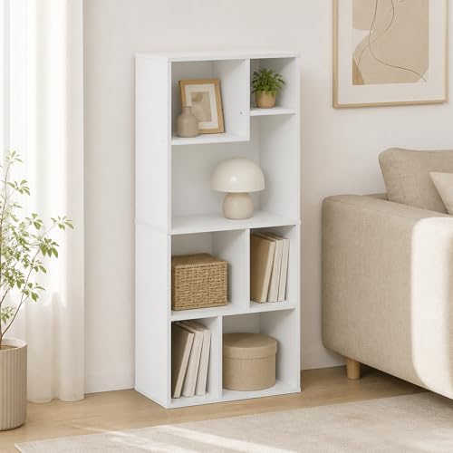 7-Cube Bookcase, Cube Storage Organizer Bookshelf, Irregular Compartments Book Shelf, 9.4 x 18.9 x 42.1, for Bedroom, Living Room, Home Office, White - color: White, size: 7 Cube
