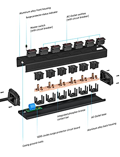 CRST 6-Outlet Metal Power Strip with Individual Switches, 15A/1875W, 6FT - color: Black, size: 6FT