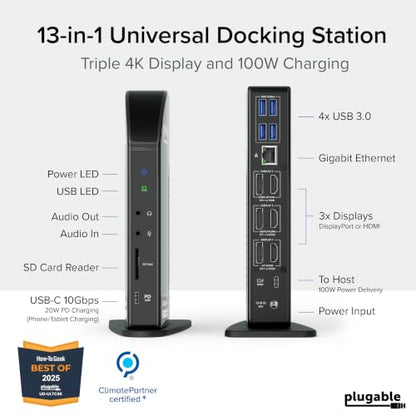 Plugable 13-in-1 USB C Docking Station 4K Triple Monitor with 100W Charging