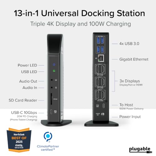 Plugable 13-in-1 USB C Docking Station 4K Triple Monitor with 100W Charging