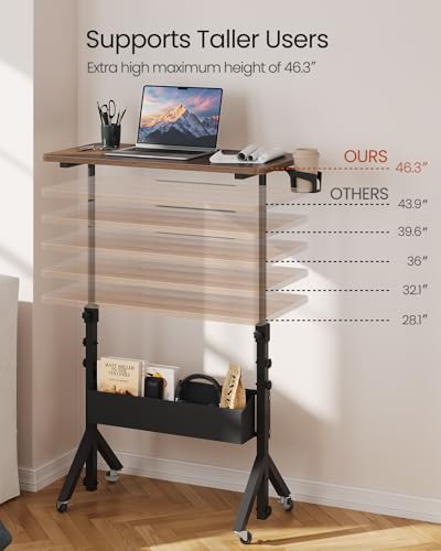 ErGear Mobile Standing Desk with Wheels, Adjustable Height 28.3″ to 46.1″, Rolling Laptop Cart with Cup Holder, Storage Basket, Computer & Pen Slot, Home Office Stand Up Desk, Walnut (31.5″ x 15.75″) - color: Walnut Wood