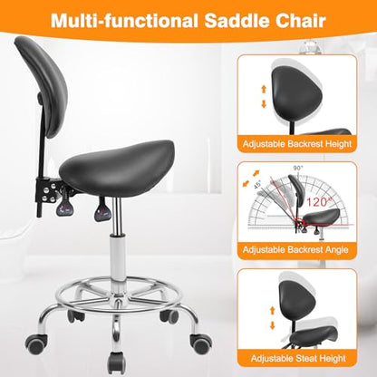 Saddle Stool Chair with Back Support and Wheels, Ergonomic Swivel Chair | Multi-functional Saddle Stool with Adjustable Height for Salon Dentist Clinic Tattoo Spa Saddle Rolling Stool Black