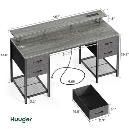 Huuger 55 inch Computer Desk with Power Outlets & 4 Drawers - color: Grey, size: 55 Inch