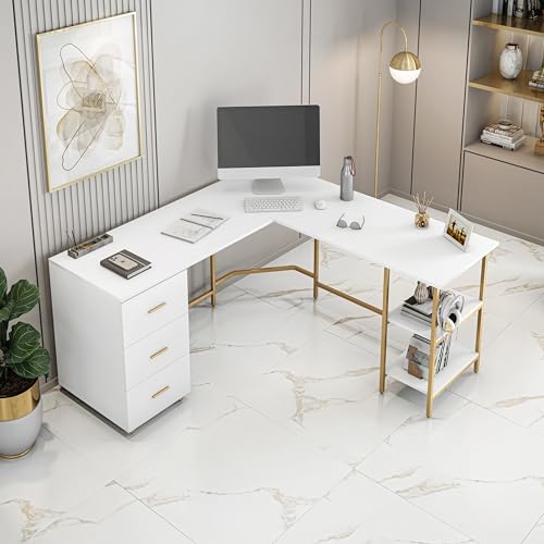 Techni Mobili 59" Two-Tone L‑Shaped Office Desk with Storage Shelves, Gold - color: Gold