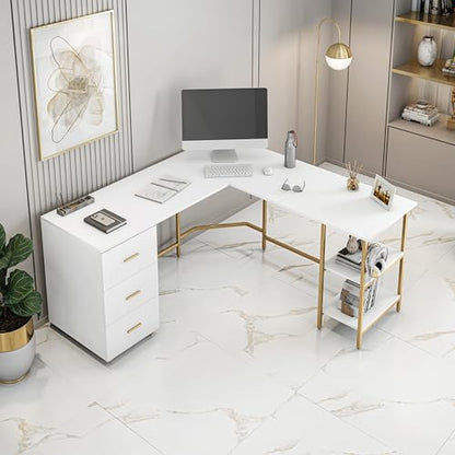 Techni Mobili 59" Two-Tone L‑Shaped Office Desk with Storage Shelves, Gold - color: Gold