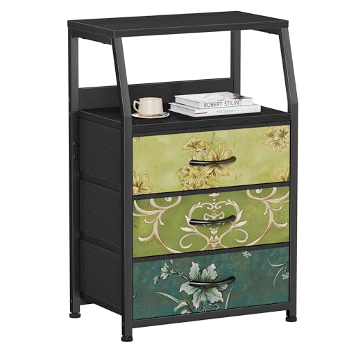 Retro NightStand with 3 Drawer, Small Vintage Storage Dresser | Small Fabric Night stand Side Table with 2-Tier Shelf, Storage Drawer for Dorm, Closet, Bedside Table, Metal Frame, Wood Top - color: Vintage Floral, style: 3 Drawers