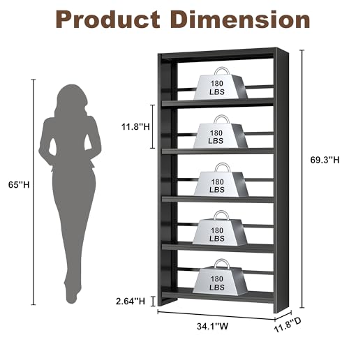 69" 5 Tier Metal Bookcase, Sturdy Storage Bookcase Book Stopper (Black) - color: Black, size: 69"H*34"W