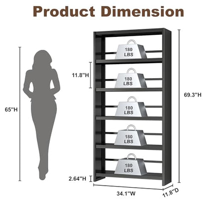 69" 5 Tier Metal Bookcase, Sturdy Storage Bookcase Book Stopper (Black) - color: Black, size: 69"H*34"W