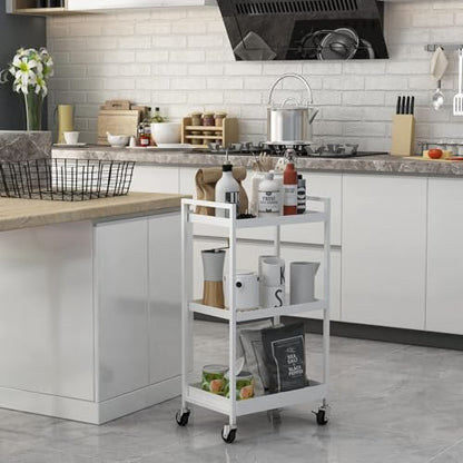 3-Tier Metal Utility Rolling Cart, Rectangular Cart with Lockable Casters, Kitchen Storage Carts Suitable for Office, Bathroom, Kitchen - White(12.1" D x 17.7" W x 31.2" H) - color: White