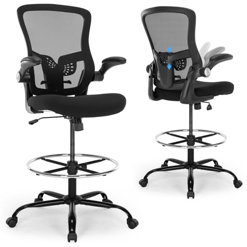Drafting Chair, Ergonomic Tall Office Chair with Lumbar Support Standing Desk Stool with Flip-up Armrests Comfy High Office Desk Chair with Adjustable Foot Ring for Counter Height Desk, Black