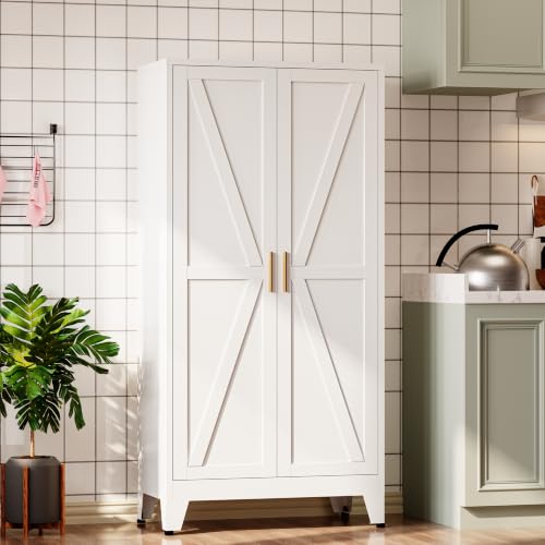 Bevivog 61" Metal Storage Cabinet with Doors and Shelves, Farmhouse Tall Bathroom Cabinets Freestanding, White Metal Pantry Cabinet for Kitchen, Living Room, Home Office - color: White, size: 61"H-2 Doors