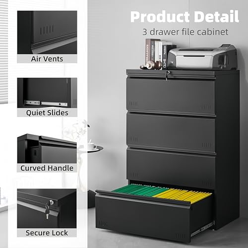 Approgreent Lateral 4 Drawer File Cabient with Lock, Metal Filing Cabinets for Home Office, Heavty Duty Office Storage Cabinet for A4/Letter/Legal (Matte Black) - color: 18-l Black