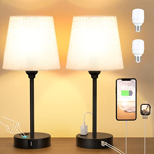 Bedside Table Lamps Set 2 for Bedroom - Dimmable Touch, USB C+A, AC Outlet | 14.5" Mini Lamp, 3-Way Dimmable, LED Bulbs Included, Trapezoid Barrel Fabric Lampshade, Nightstand Light for Guest Room, Kids - color: Beige