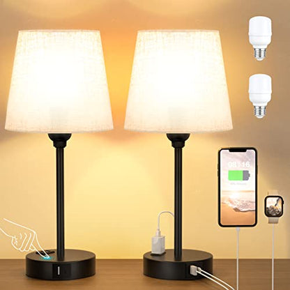 Bedside Table Lamps Set 2 for Bedroom - Dimmable Touch, USB C+A, AC Outlet | 14.5" Mini Lamp, 3-Way Dimmable, LED Bulbs Included, Trapezoid Barrel Fabric Lampshade, Nightstand Light for Guest Room, Kids - color: Beige